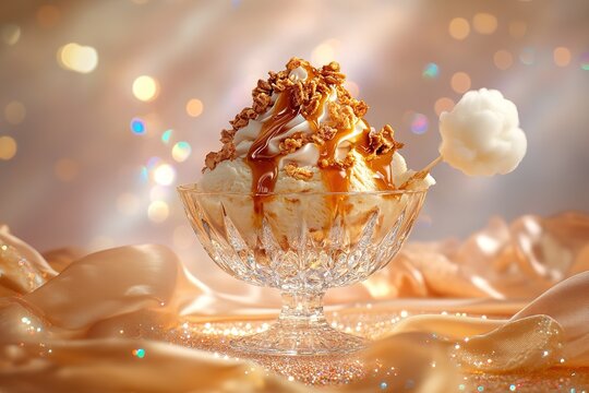 Delicious Ice Cream Sundae with Caramel and Granola