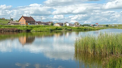 Obraz premium Rustic village reflected in calm river, sunny day, cloudscape