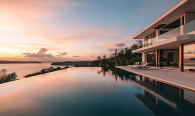 Fototapeta premium Sunset Luxury Villa with Infinity Pool Overlooking the Ocean