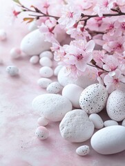 Easter background with white rocks, Easter eggs, and cherry blossoms. Soft pastel colors. Beautiful spa wellness banner template for design with copy space area.