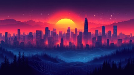 Fototapeta premium Vibrant Sunset Over a City Skyline with Dramatic Color Palette