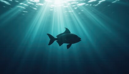 A fish swims in the ocean, illuminated by rays of sunlight penetrating the water's surface, creating a serene and captivating underwater scene