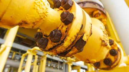 Close-up of corroded steel pipe, corrosion of steel, general corrosion, offshore petroleum pipelines.