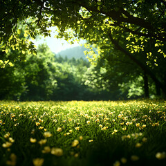 Obraz premium Sunny Day in a Lush Green Meadow with Yellow Flowers