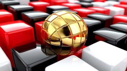 Gleaming gold sphere rests subtly among red black white cubes striking visual contrast. AI Generated