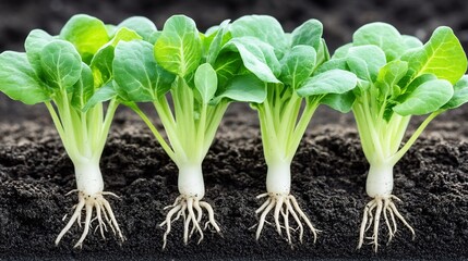Obraz premium Vibrant green seedlings sprout strong roots in rich dark soil. AI Generated