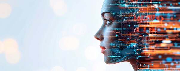 Woman's profile merging with digital data streams. Artificial intelligence concept. Futuristic technology visualization with human and machine integration.