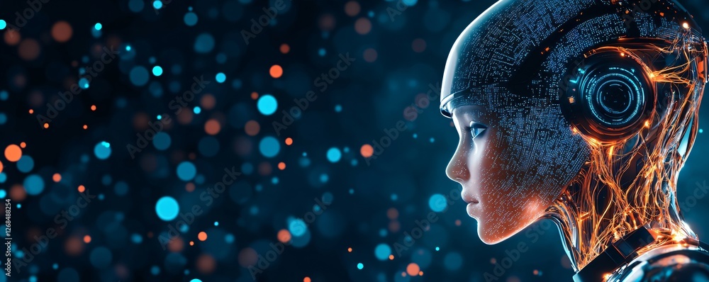 Poster futuristic female cyborg profile with glowing circuitry against dark background with colorful bokeh 