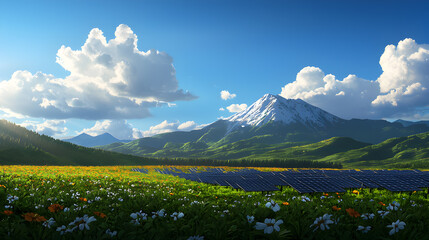 Fototapeta premium Sunny Day Landscape with Blooming Wildflower Meadow and Snowy Mountain