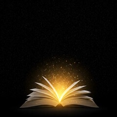 Magical Open Book Emitting Golden Light against Black Background