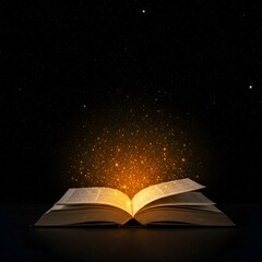 Magical Open Book with Golden Sparks Against Starry Night Sky