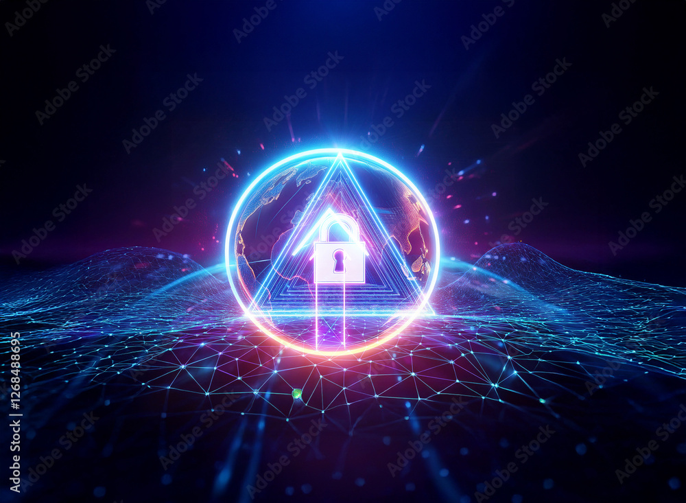 Poster a luminous triangle with a lock symbol is centered in a radiant globe, set upon a digital grid with 