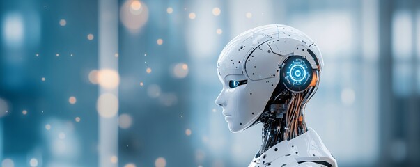 Obraz premium Humanoid robot profile with glowing blue eye against blurred background. AI technology concept. Future of artificial intelligence and machine learning visualization.