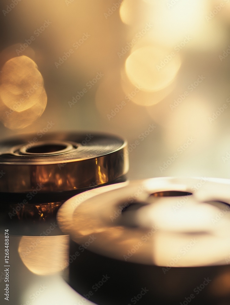 Aufkleber close up view of vintage film reels and tape showcasing rich details and textures with space for add