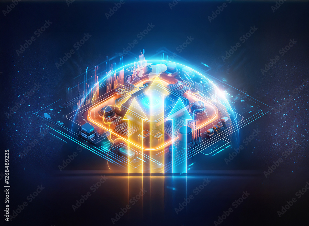 Poster a glowing digital globe with upward arrows and circuit patterns emits vibrant blue and orange light,