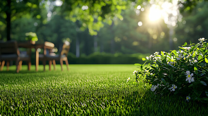 Sunny Garden with Lush Green Grass and White Flowers