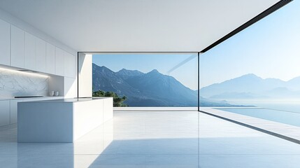 Obraz premium Modern kitchen, mountain view, infinity pool, luxury home, real estate