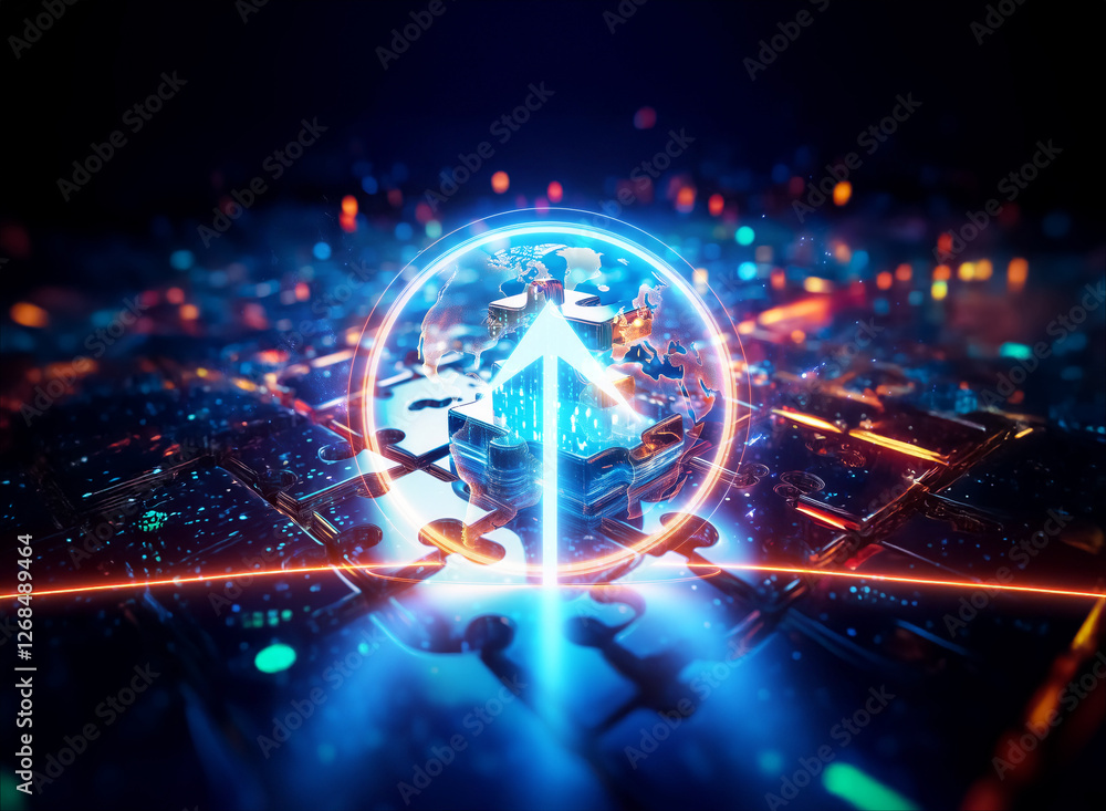 Poster a bright blue arrow pointing upwards is encircled by light, set against a futuristic, abstract digit