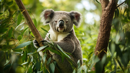 Fototapeta premium A wide-angle view of a koala in its natural habitat, sitting on a tree branch surrounded by lush green eucalyptus leaves