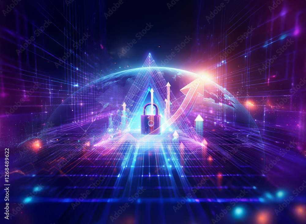 Aufkleber abstract digital security concept with a central padlock emitting light rays and lines on a globe-li