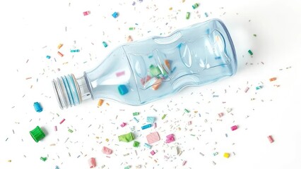 Crushed plastic bottle isolated on white background with scattered debris, crushed plastic, recyclable, plastic waste