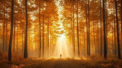 Obraz premium Golden Sunlight Illuminates A Solitary Figure In An Autumn Forest