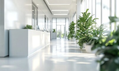 Fototapeta premium Modern Office Hallway with Lush Greenery and Sunlight