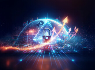 Glowing digital lock in a triangle on a globe. Upward arrows show growth and security in a futuristic style.