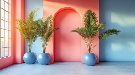 Obraz premium Stylish Interior with Colorful Walls and Green Plants in Pots