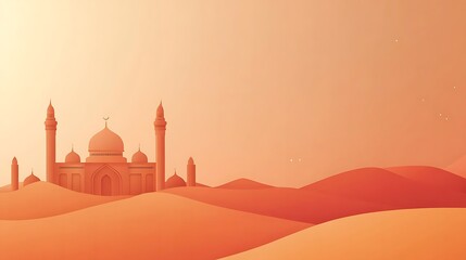 Mosque Silhouette Amidst Rolling Desert Sands at Sunset