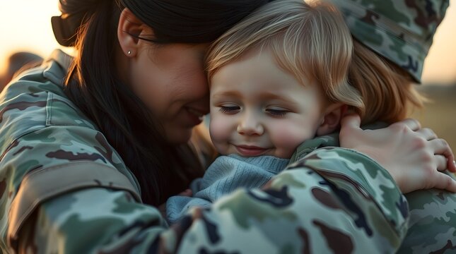 tight close-up shot, heartwarming image of a military family reuniting after deployment