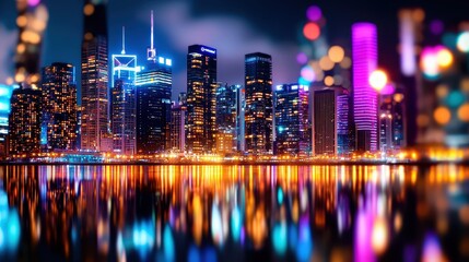 Obraz premium Stunning Nighttime Cityscape with Vibrant Lights and Reflection