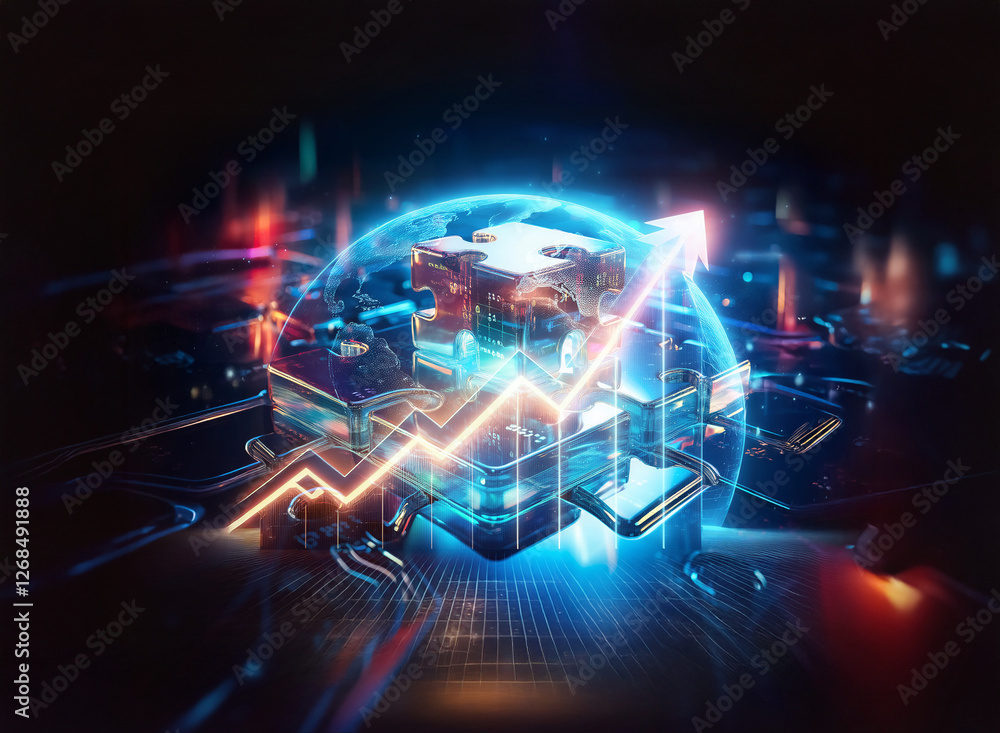 Poster futuristic cube with puzzle elements and upward arrow symbolizes technological progress and growth. 
