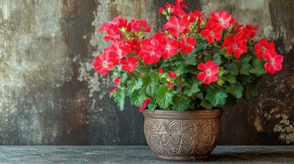 Vibrant red geraniums in ornate pot on rustic surface against textured wall
