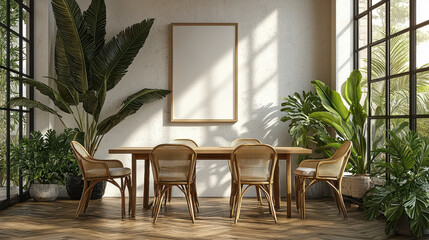 Fototapeta premium Zen Garden Dining: An inviting dining space blending natural elements and minimalist design, where woven chairs encircle a wooden table bathed in sunlight.