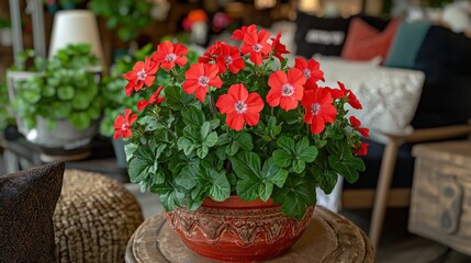 Vibrant red flowers in terracotta pot, home decor display
