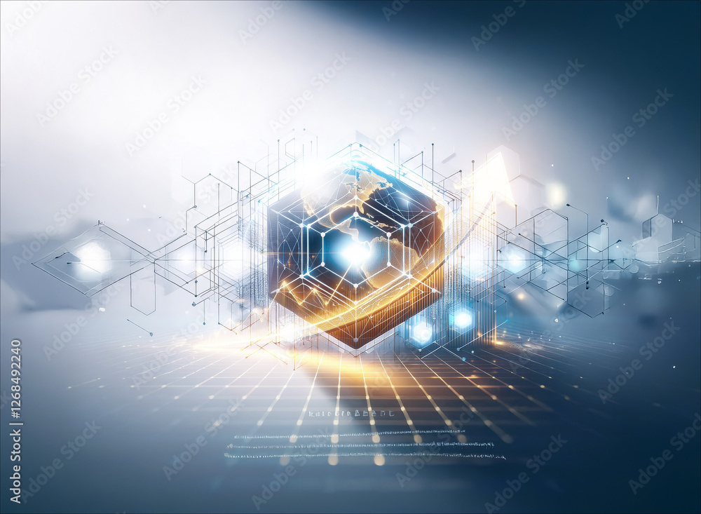 Poster a glowing cube with circuit lines and an upward arrow symbolizes tech innovation and digital progres
