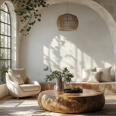 Serene Interior Sanctuary: A sun-drenched, inviting living space featuring an arched window, cozy seating, natural textures and a coffee table.