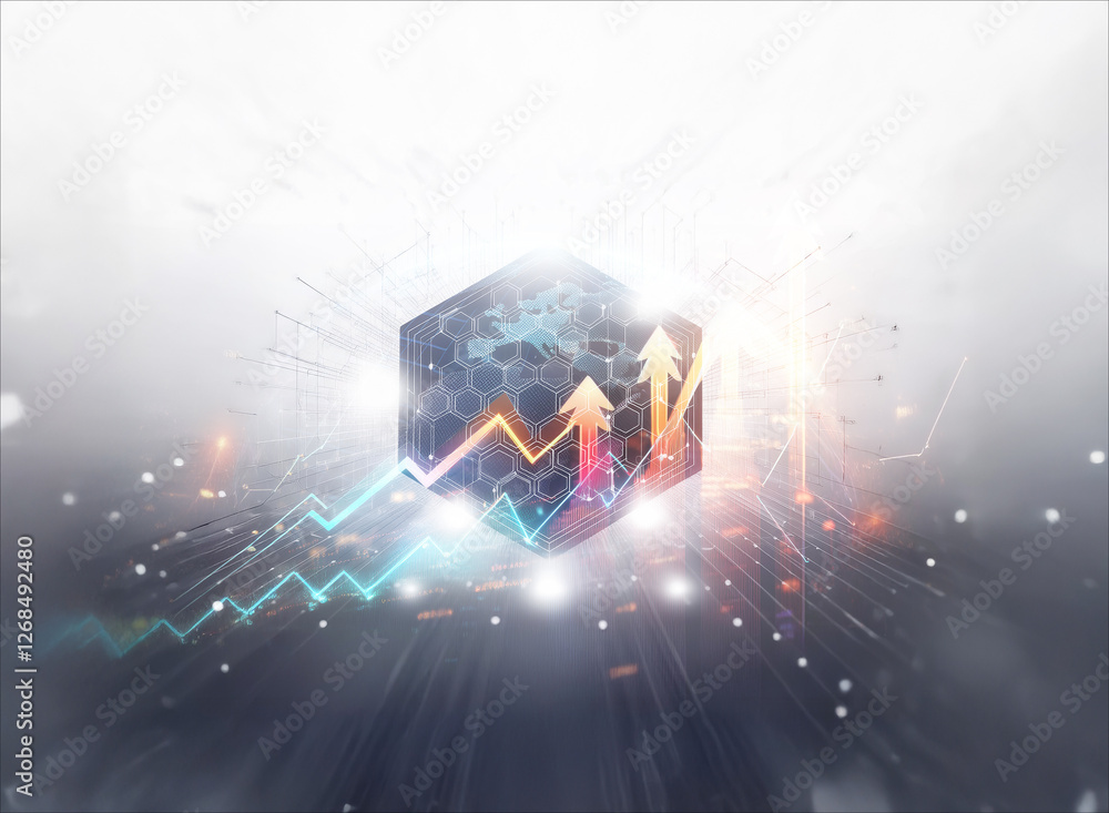 Poster abstract cube with upward arrows piercing through, illuminated by light rays and particles, conveys 