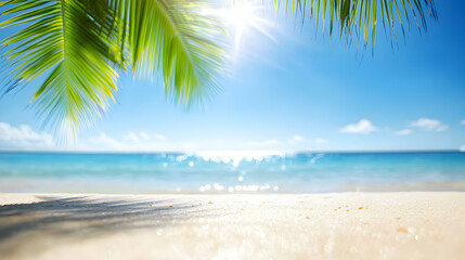Sunny Tropical Beach Scene with Palm Leaves