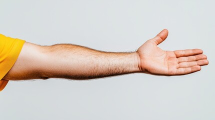 Human Arm Reaching Outward with Open Hand Gesture on Light Background