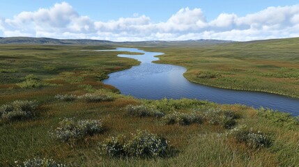 Obraz premium Serene River Winding Through Lush Tundra Landscape