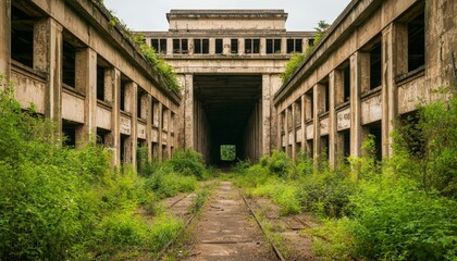 Abandoned Industrial Building Surrounded by Overgrown Vegetation and Tracks