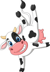 Illustration of a cartoon happy cow dancing upside down