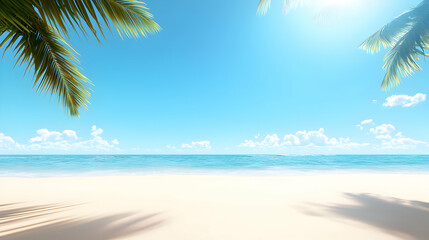 Obraz premium Sunny Tropical Beach Scene with Palm Trees and Clear Blue Ocean