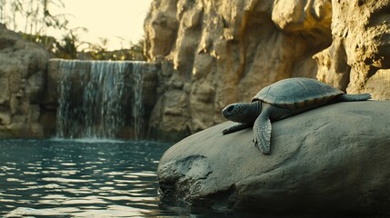 Fototapeta premium Turtle resting rock waterfall pool nature zoo