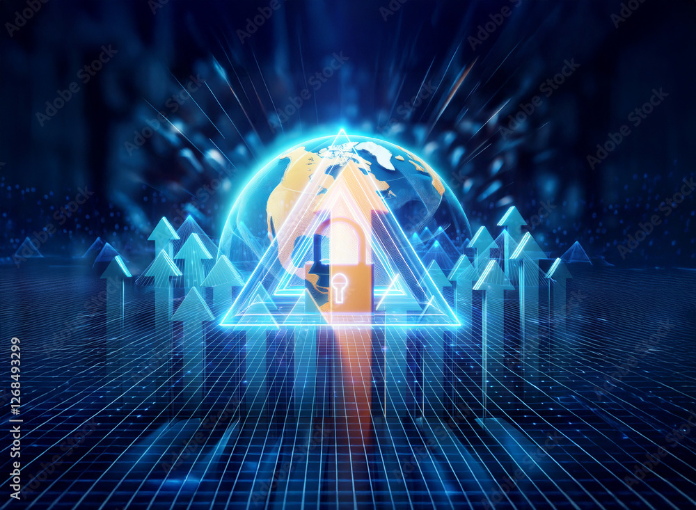 Poster a glowing world globe is enclosed in a triangle shape with a central padlock. upward arrows and ligh