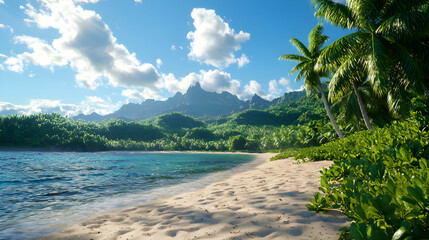 Sunny Tropical Beach with Palm Trees and Lush Green Mountains