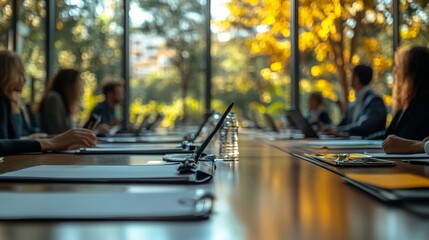 Diverse Group of Individuals Engaged in Collaborative Work at a Modern Table with Laptops in a Bright and Inviting Workspace Promoting Creativity and Innovation Among Team Members