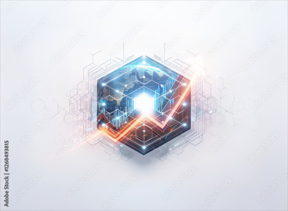 Poster a glowing blue cube with hexagonal patterns is centered against a white background. an orange arrow 